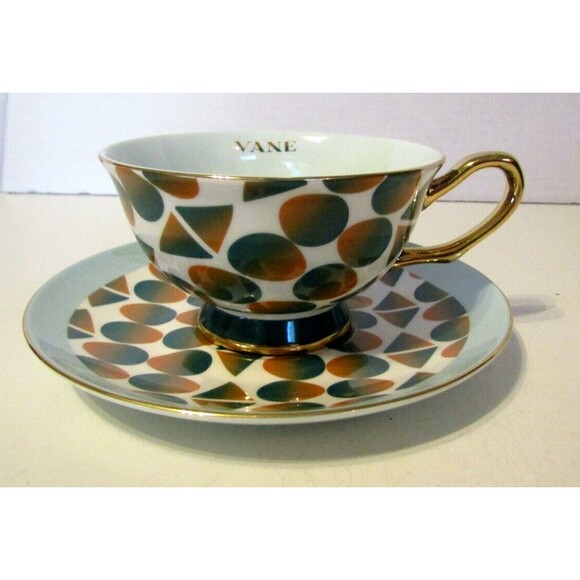 Vine Monogram Retro Modern Tea Set Designer Teacup Saucer Bone China NIB - Picture 12 of 13